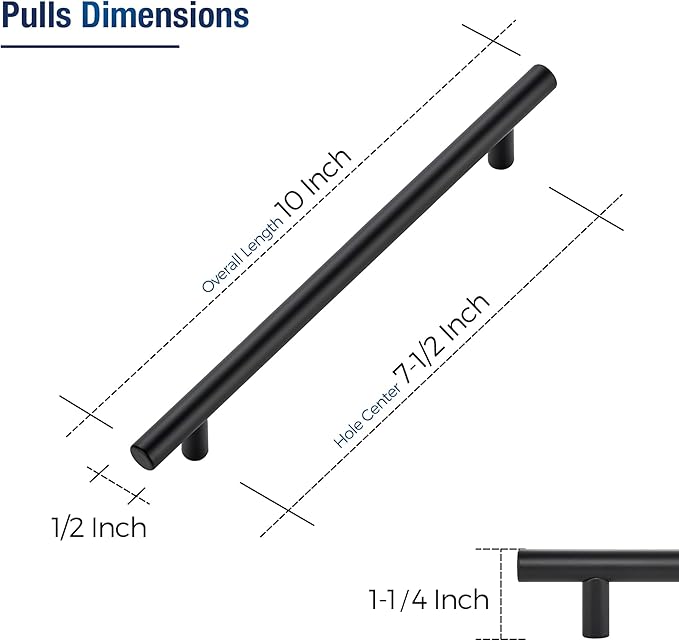 JOY DECOR 3 Pack Cabinet Handles, Black Cabinet Pulls, 7-1/2 in Hole Center Kitchen Hardware, Stainless Steel T Bar Handles for Dresser Drawers