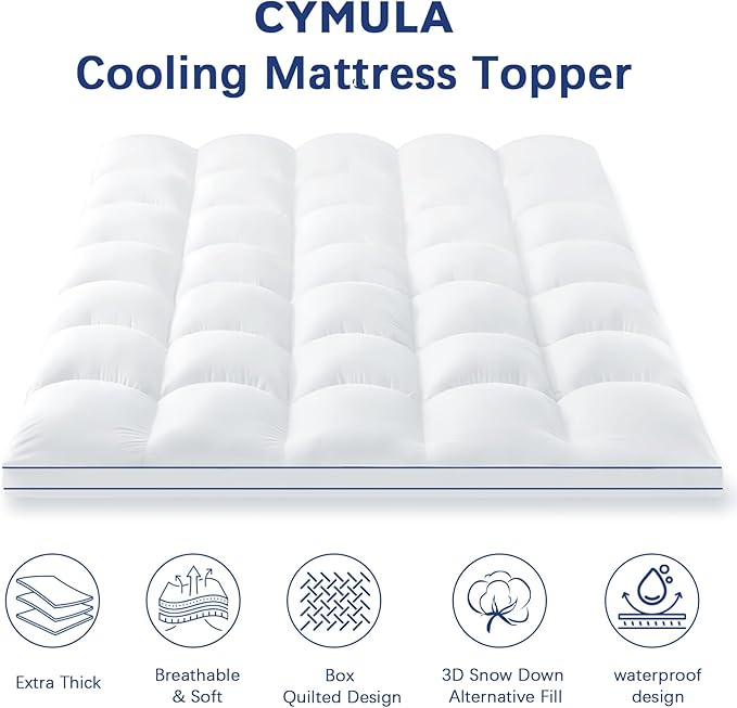 CYMULA Short Queen Mattress Topper Waterproof, Cooling Topper for Mattress, Thick Mattress Pad Cover Pillow Top Mattress Topper, Plush Down Alternative Fill Mattress Protector