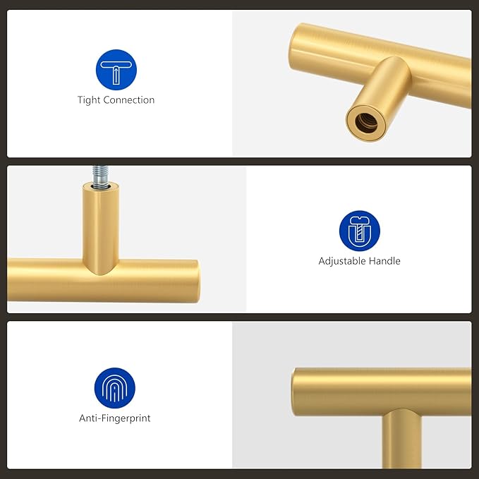 LONTAN 20 Pack Gold Knobs for Dresser Kitchen Cabinet Knobs Brushed Brass T Bar Hardware Brushed Gold Furniture Door Handles,Stainless Steel
