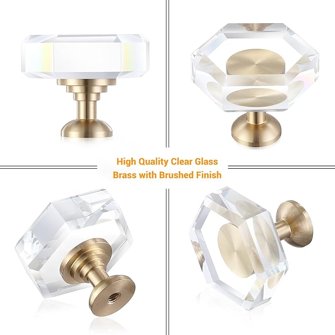 6-Pack Brass Base Crystal Drawer Knobs,Glass Crystal Gold Cabinet Knobs,1-5/16-Inch Hexagon,Kitchen Hardware Pulls, Modern Bathroom Hardware knob