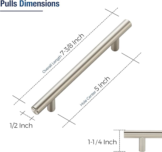 JOY DECOR 20 Pack Cabinet Handles, Brushed Nickel Cabinet Pulls, 5 in Hole Center Kitchen Cabinet Handles, Stainless Steel T Bar Handles for Dresser Drawers