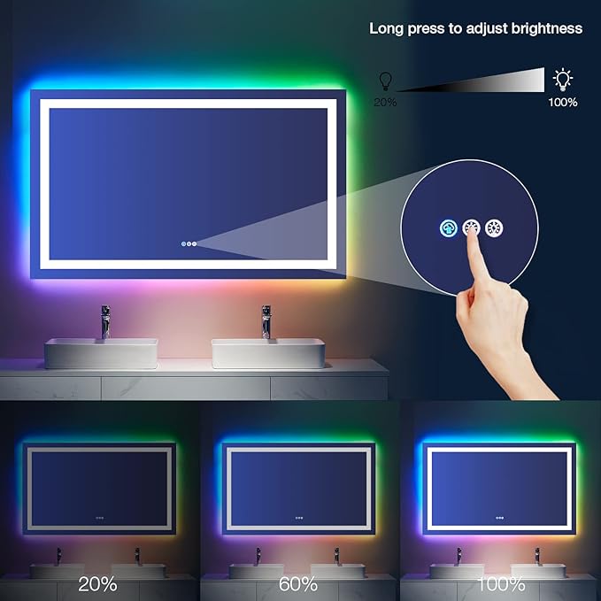 LOAAO 32”X36“ RGB LED Bathroom Mirror with Lights, Large, Anti-Fog, Dimmable Smart Lighted Bathroom Vanity Mirror, Multiple Light Modes, RGB Backlit + Front Light, Memory Function, Tempered Glass