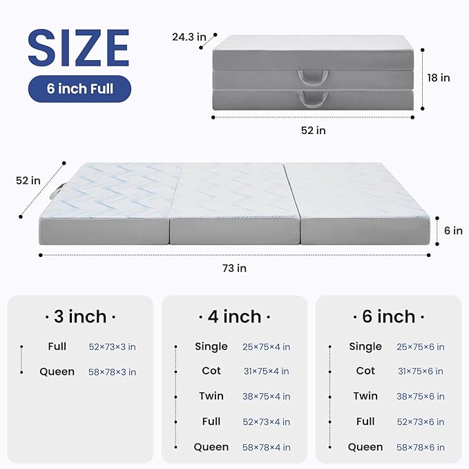 Foldable Mattress Full 6 inch -Portable White Memory Foam Folding Matress with Washable Cover for Camping Travel Guest Room Home Use-Non-Slip&Easy Storage