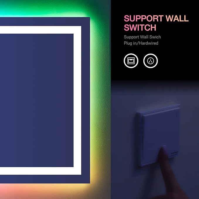 LOAAO 32”X36“ RGB LED Bathroom Mirror with Lights, Large, Anti-Fog, Dimmable Smart Lighted Bathroom Vanity Mirror, Multiple Light Modes, RGB Backlit + Front Light, Memory Function, Tempered Glass
