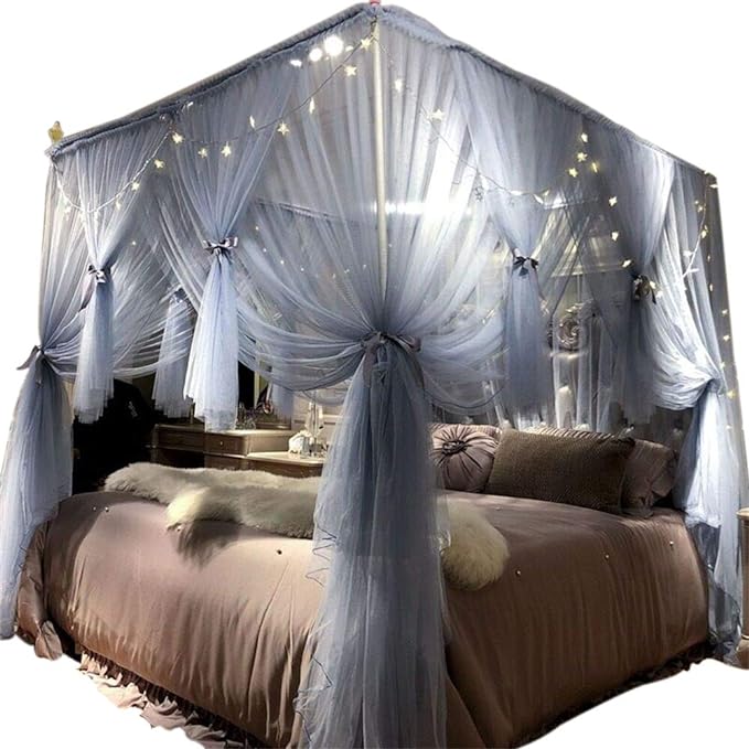 Joyreap 4 Corners Post Canopy Bed Curtain for Girls & Adults - Royal Luxurious Cozy Drape Netting - Cute Princess Bedroom Decoration Accessories(Gray-Blue, Twin)