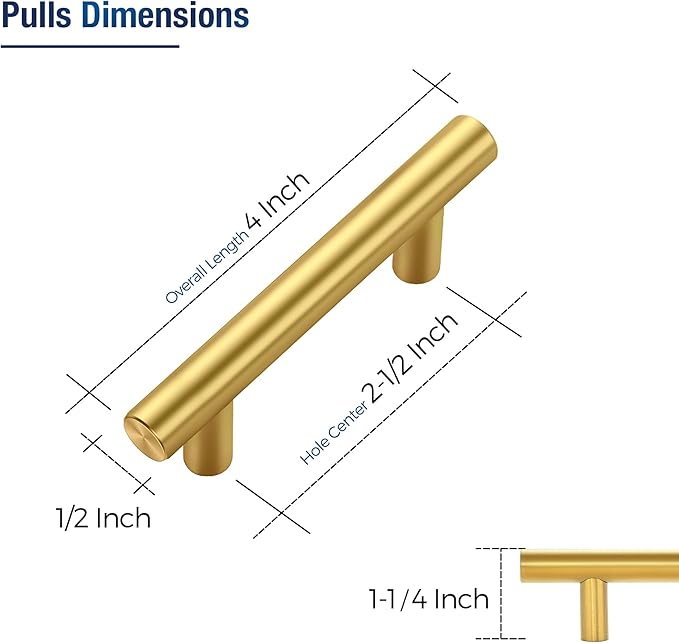 JOY DECOR 10 Pack Cabinet Handles, Gold Cabinet Pulls, 2-1/2 in Hole Center Kitchen Cabinet Handles, Stainless Steel T Bar Handles for Dresser Drawers