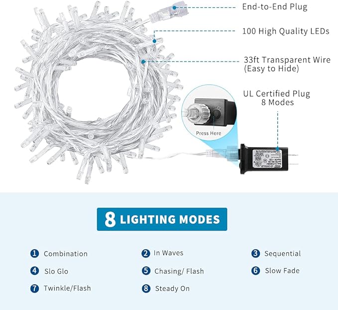 Christmas String Lights, 33FT 100 LEDs Christmas Tree Lights Indoor String Lights 8 Modes with End-to-End Plug Fairy Lights Decoration for Indoor Outdoor, Warm White (Clear Wire)