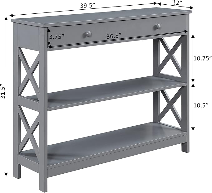 Convenience Concepts Oxford 1-Drawer Console Table 39.5" - Farmhouse Sofa Display with Storage Shelf For Living, Family, & Dining Room, Modern Entryway Hall Table for Kitchen, Bedroom, Gray