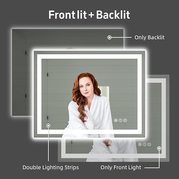48"x 38" LED Bathroom Mirror with Lights, Double Lighting Sources Dimmable, Backlit + Front Lit, Anti-Fog, Lighted Bathroom Vanity Mirror for Wall(Horizontal/Vertical)