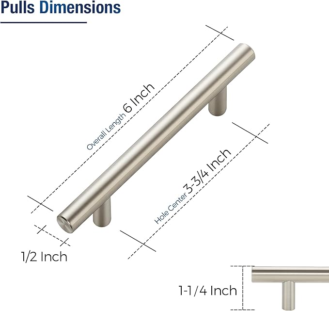 JOY DECOR 30 Pack Cabinet Handles, Brushed Nickel Cabinet Pulls, 3-3/4 in Hole Center Kitchen Cabinet Handles, Stainless Steel T Bar Handles for Dresser Drawers