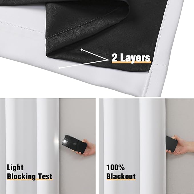 ChrisDowa 100% Blackout Curtains 84 inch Long for Bedroom with Black Liner, 2 Thick Layers Total Blackout Thermal Insulated Grommet Window Curtains 2 Panels Set (Pure White, 38 x 84 Inch)