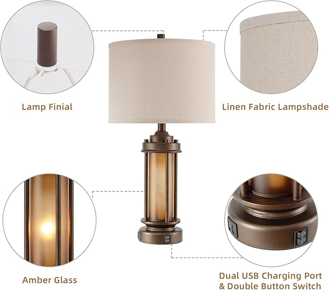 Set of 2 Farmhouse Table Lamps for Living Room, Rustic Vintage Bedside Lamps with 2 USB Ports, Bedroom Nightstand Lamp with Amber Glass Nightlight for End Table Entryway, 4 Bulbs Includes