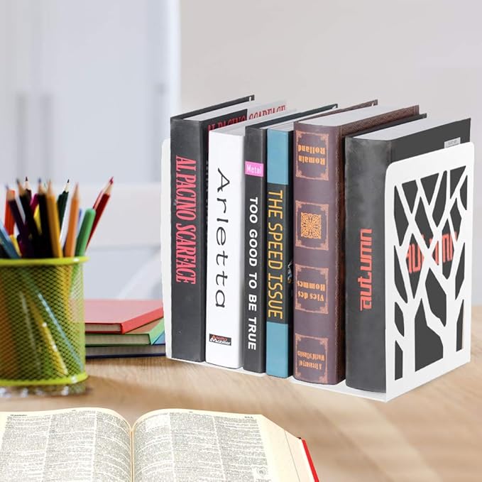 Book Ends, Bookends, Bookends for Shelves, Bookend, Book Ends for Heavy Books, White Metal Book Shelf Holder Home Decorative, Book Stoppers for Shelves, Bookend Supports 3 Pair