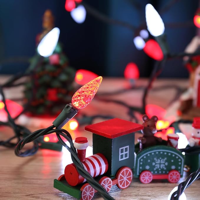 Brizled Red & White C5 Christmas Lights, 33ft 100 LED Christmas tree Lights, Connectable 120V UL Certified Faceted Christmas Lights Outdoor Indoor Xmas Lights for Christmas Tree Party Roof Decoration