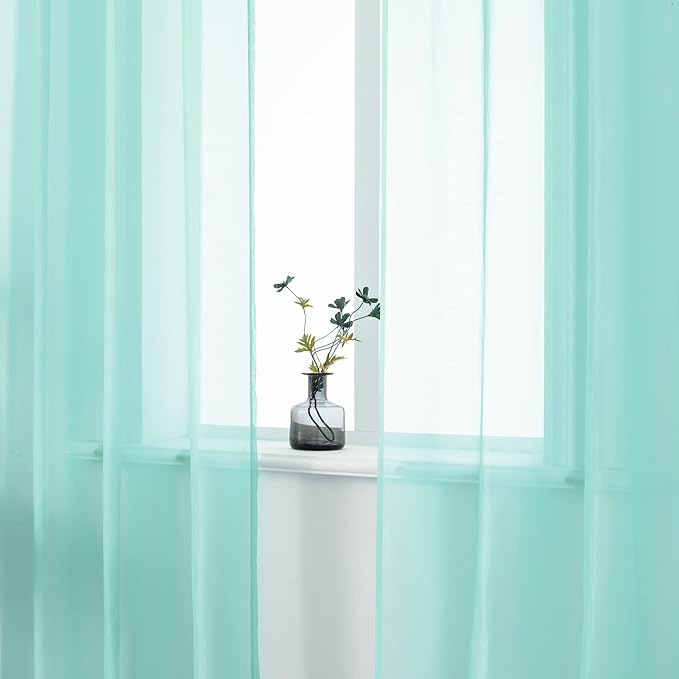 DUALIFE Aqua Sheer Curtain Panels 72 inches Long Grommet Solid Mint Green Soft Touch Semi Window Drapes for Bedroom Living Room(52 X 72 Inch Length 2 Panels Seafoam Green)