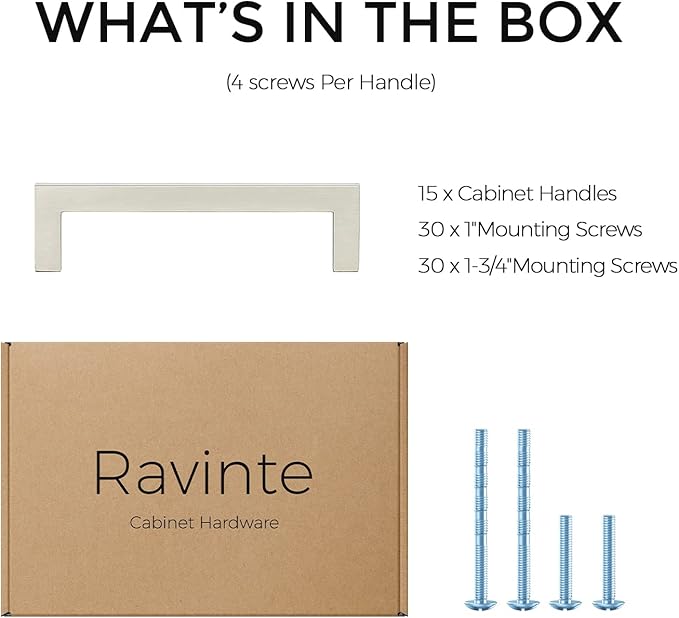 Ravinte 15 Pack Solid 3-3/4 Inch Center to Center Slim Square Bar Drawer Handles Cabinet Hardware - Brushed Nickel Kitchen Pulls