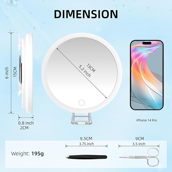 20X Magnifying Mirror with Light, Rechargeable 3 Colors Dimming Lighted Magnifying Mirror with 3 Suction Cups and 360° Stand, 6" Large Travel Tabletop Magnified Makeup Mirror with Tweezers & Scissors