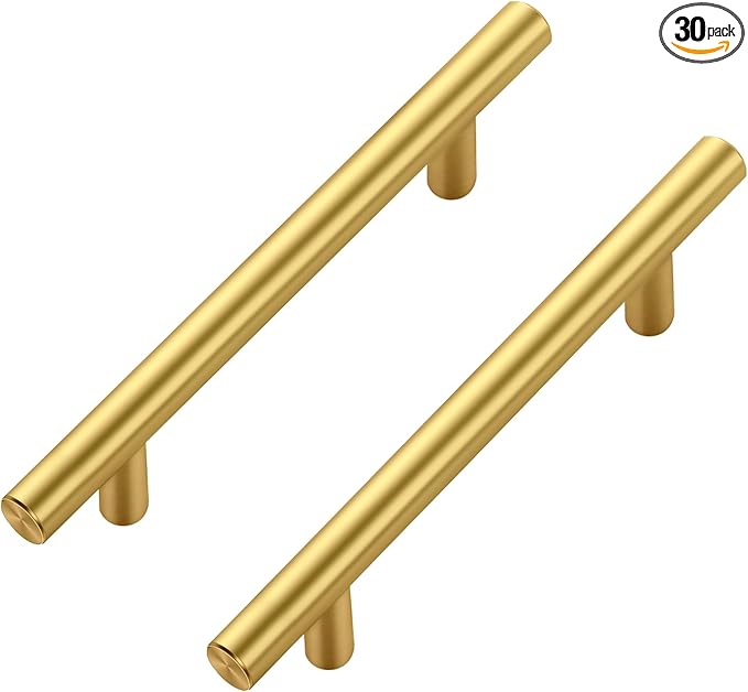 JOY DECOR 30 Pack Cabinet Handles, Gold Cabinet Pulls, 4 in Hole Center Kitchen Cabinet Handles, Stainless Steel T Bar Handles for Dresser Drawers