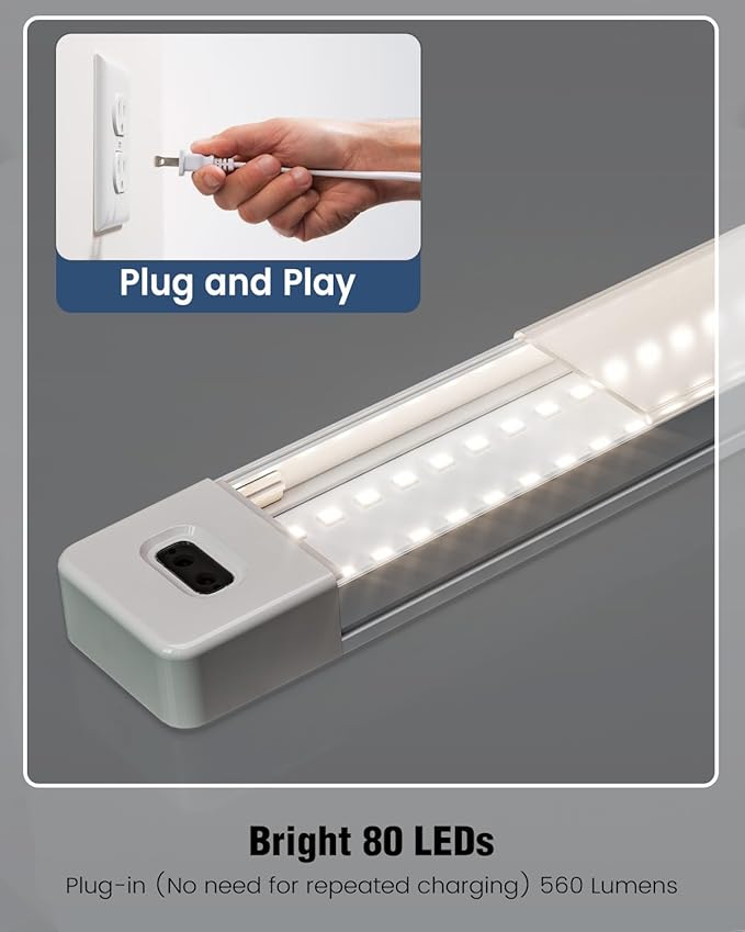 MYPLUS 24 Inch Under Cabinet Lights with Hand Wave, Under Counter Lighting 4000K Natural White,Dimmable,Plug and Play,LED Lights for Kitchen Cabinet, Cupboard, Closet, Desk