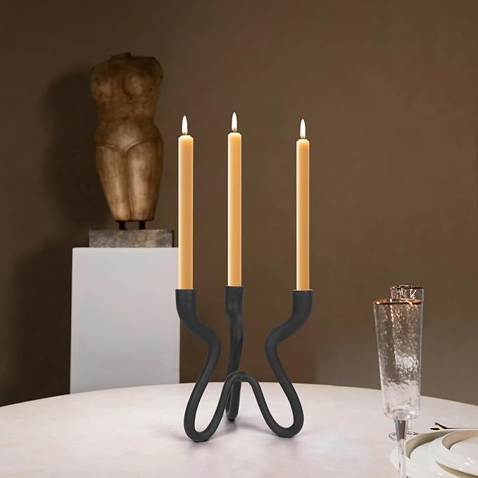 Triple Candle Holder Candelabra - Cast Iron Metal Taper Candlestick Stand with Matte Black Finish - Elegant Wedding Centerpiece for Home, Dining, Event Decor