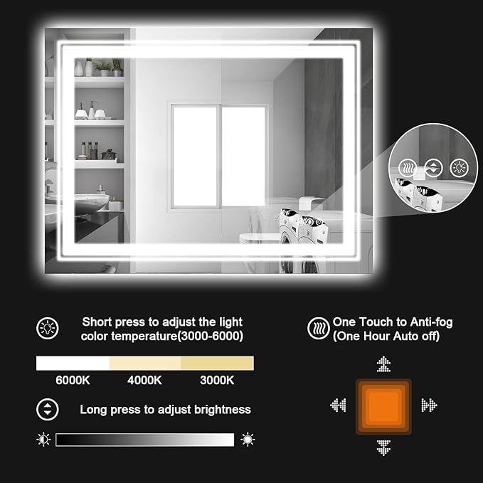 LED Bathroom Mirror, 60"x 30" with Front and Backlit, Anti-Fog, Large Bathroom Vanity Mirror for Wall, Memory Function, Stepless Dimmable, Tempered Glass (Horizontal/Vertical)