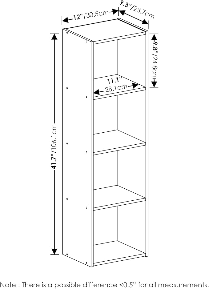 Furinno PASIR Book Shelf, 4-Tier Modern Bookshelf, Open Shelves Bookcase 9" x 12" x 42", for Living Room, Bedroom, Home Office, Blackwood
