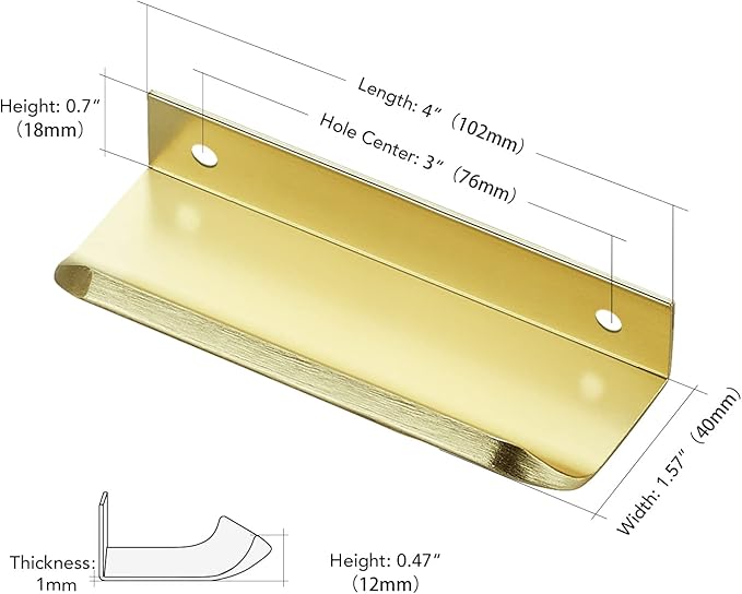 Ravinte Hardware 30 Pack Gold Cabinet Handles, 4 Inch (102mm) Finger Edge Pulls, 3 Inch Hole Center, Finger Pulls for Cabinets