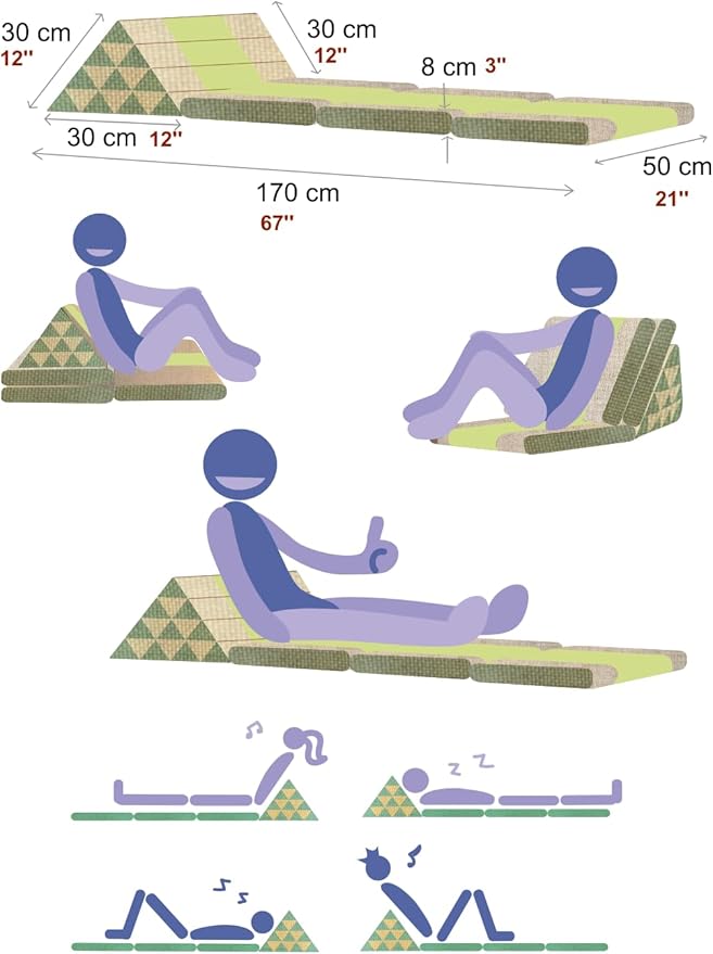 Leewadee - Comfortable Japanese Floor Mattress - Thai Floor Bed with Triangle Cushion - Futon Mattress - Thai Massage Mat, 67 x 21 inches, Green, Kapok Filling