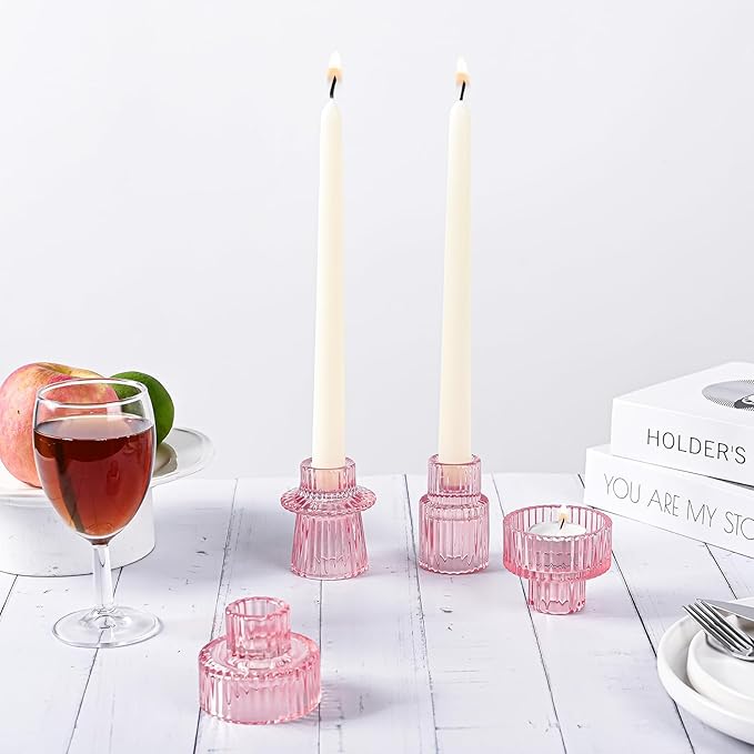 Taper Votive Candle Holder for Pillar Candles Tealight, Candlestick Holder for Wedding Christmas Tea Party, Boho Ribbed Vintage Crystal Glass Table Centerpiece Decor, Bulk Set of 6 (Pink)