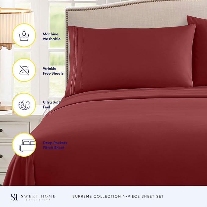 Queen Size Bed Sheets - Breathable Luxury Sheets with Full Elastic & Secure Corner Straps Built In - 1800 Supreme Collection Extra Soft Deep Pocket Bedding Set, Sheet Set, Queen, Burgundy