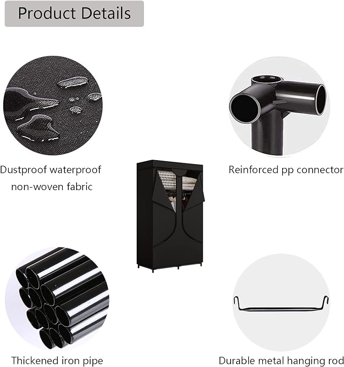 SORCEDAS Portable Wardrobe Closet Storage Organizer Metal Hanging Rack Non-Woven Fabric 34 Inch Black