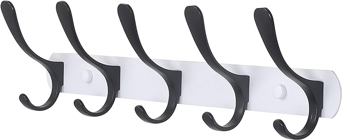 SKOLOO Modern Metal Wall Coat Rack with 5 Hooks - Sturdy Wall Hook Rack for Hanging Coat, Jacket, Clothes, Hat, Black on White