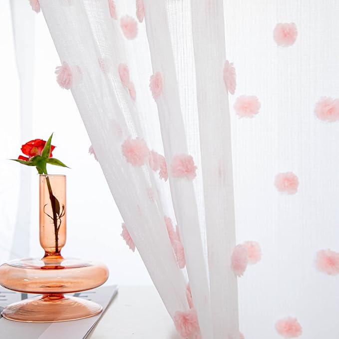 MYSKY HOME Pink Kitchen Curtains for Girls Bedroom - 45 Inch Pom Pom Sheer Light Filtering Panels for Nursery, Kids Room - Rod Pocket Cafe Small Window - 38 x 54 in Set of 2
