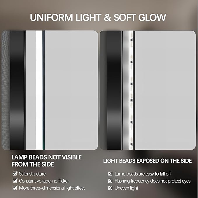 48" Round LED Bathroom Mirror, Wall Mounted Backlit Vanity Mirror with 45° Beveled Frame Lighted Mirror for Bedroom, Fog Free 3-Color Dimmable Lights Memory Function, Black