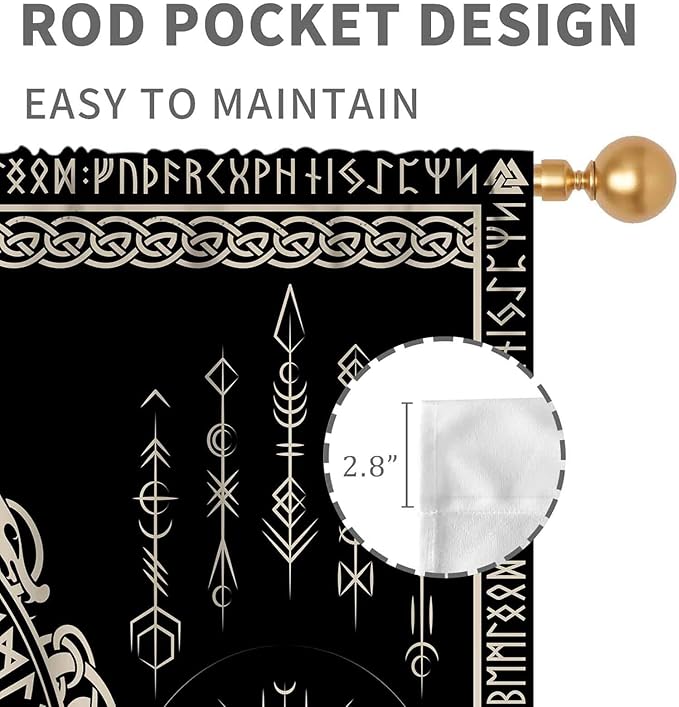 Viking Curtains, Nordic Tree of Life Celtic Rune Scandinavian Gothic Norse Mythology Aesthetic Retro Drapery for Bedroom Living Room Bathroom Window 2 Panel Set, 42"x45" Inch