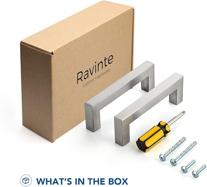 Ravinte 3 Pack Brushed Nickel Kitchen Cabinet Handles 3-3/4 Inch Cabinet Pulls Square Kitchen Hardware for Cabinet Drawer Pulls Drawer Handles Come with Screwdriver