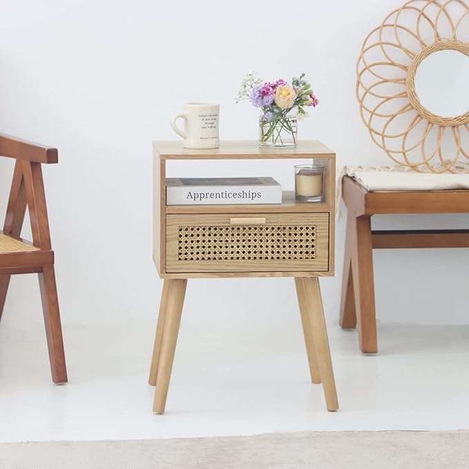 MaxSmeo Modern Nightstand Rattan Side End Table with Storage, for Living Room, Bedroom and Small Spaces, Accent Bedside Farmhouse Tables with Solid Wood Legs, Easy Assembly (Natural Walnut)
