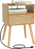 MaxSmeo Mid Century Modern Nightstand with Charging Station, Bedside Tables with Rattan Drawer, Small Wood Nightstand Side Table for Living Room,Bedroom (Brown)