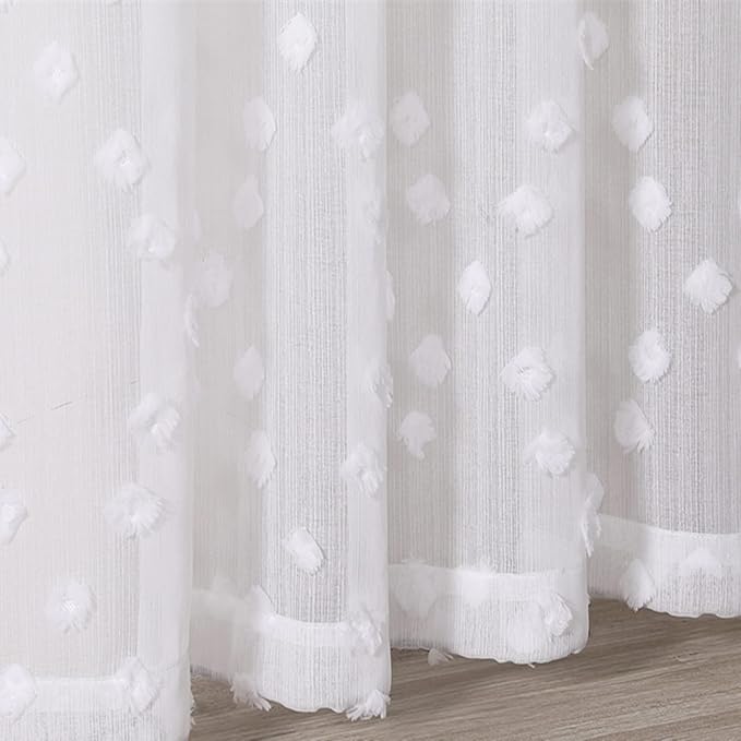 MYSKY HOME White Sheer Short Curtains with Pom Pom for Small Windows Bedroom Nursery Kids Girls Room Curtains Cafe Kitchen Light Filtering Boho Drapes, Rod Pocket,38 x 54 Inches, 2 Panels