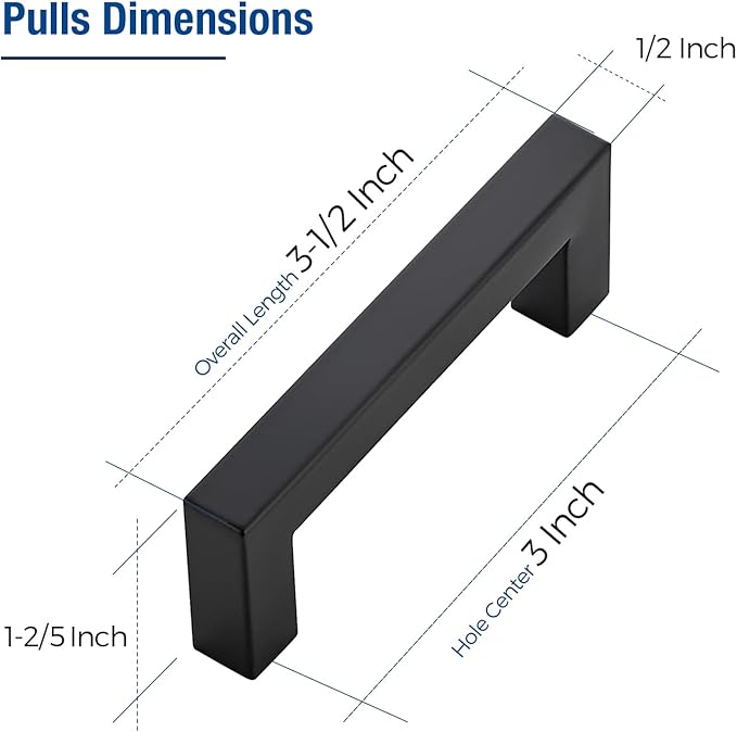 JOY DECOR 6 Pack Cabinet Handles, Black Cabinet Pulls, 3 Inch Kitchen Closet Handles Square Drawer Pulls Stainless Steel Drawer Hardware, 76mm Hole Centers