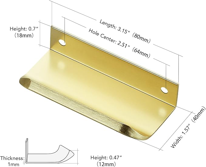 Ravinte Hardware 20 Pack Gold Cabinet Handles, 3.15 Inch (80mm) Finger Edge Pulls, 2-1/2 Inch Hole Center, Finger Pulls for Cabinets