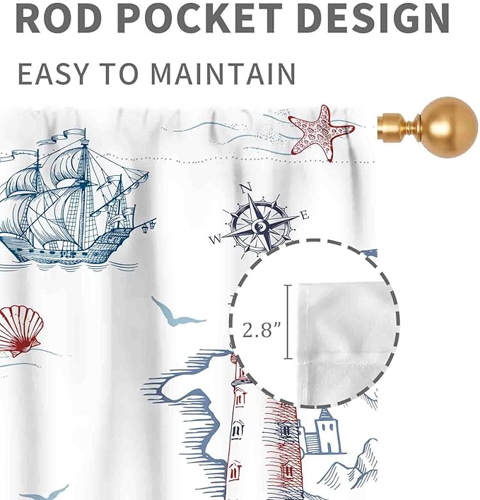Nautical Curtains, Vintage Marine Coastal Sailboat Compass Anchor Ocean Beach Lighthouse Watercolor Blue Decorative Drapes for Bedroom Living Room Kitchen Bathroom Window 2 Panels, 42"x63" Inch