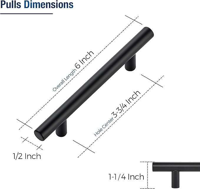JOY DECOR 60 Pack Cabinet Handles, Black Cabinet Pulls, 3-3/4 in Hole Center Kitchen Hardware, Stainless Steel T Bar Handles for Dresser Drawers