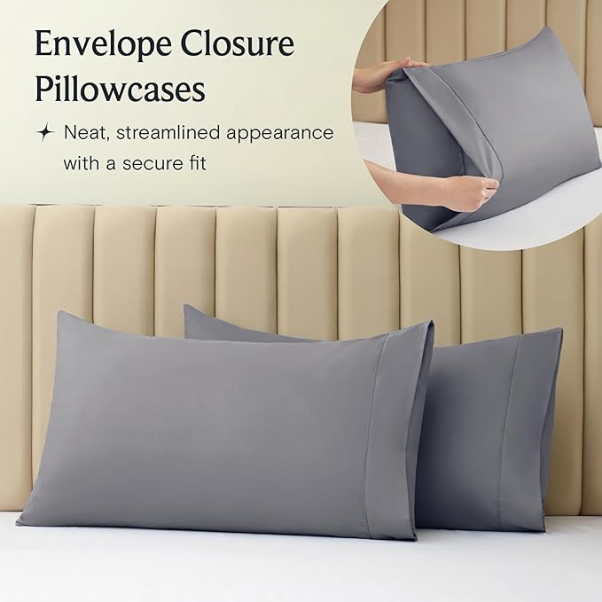 LuxClub 4 PC Full Size Sheet Set Bed Sheets Deep Pockets Wrinkle Free Cooling Bed Sheets Machine Washable Hotel Bedding Silky Soft - Light Grey Full