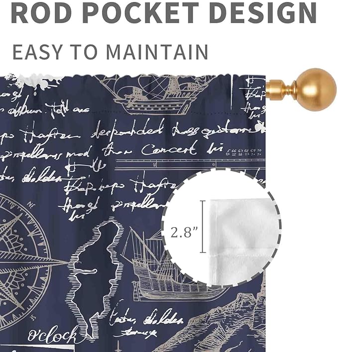 Vintage Nautical Curtains, Marine Coastal Sailboat Compass Anchor Ocean Beach Old Pirate Map Navy Blue Blackout Retro Drapes for Bedroom Living Room Kitchen Bathroom Window 2 Panels, 63"x63" Inch