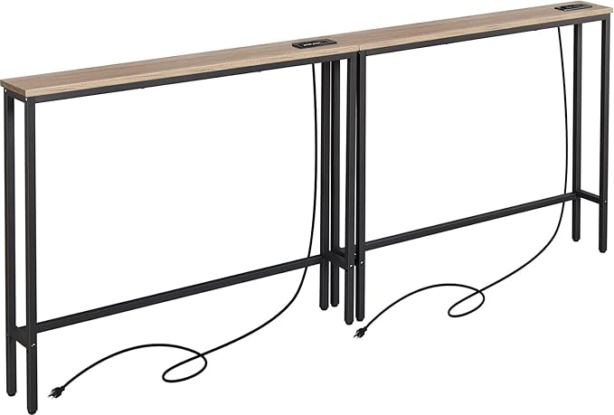ELYKEN 2 Pack 5.9" Narrow Console Sofa Table with Power Outlets, 5.9" Dx39.4 Wx31.1 H Long Couch Table with Metal Frame and Charge Station with 6.5’ Extension Cord, White Oak