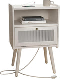 Mid Century Modern Nightstand with Charging Station, Bedside Tables with Glass Decorative Door, End Table Side Table with 2 Tiers Storage Space, for Bedroom, Living Room, White