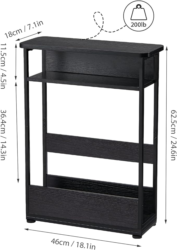 Vintage Narrow Side Table with Storage Shelf, 3 Tier Slim End Table Modern Sofa Table for Narrow and Small Spaces, 24.6 Inch Height Bedside Table Nightstand (Black, Large)