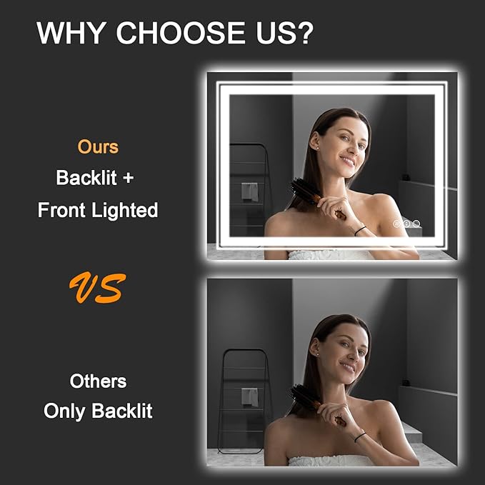 LED Bathroom Mirror, 28"x36" with Front and Backlit, Anti-Fog, Bathroom Vanity Mirror for Wall, Memory Function, Stepless Dimmable, Tempered Glass (Horizontal/Vertical)