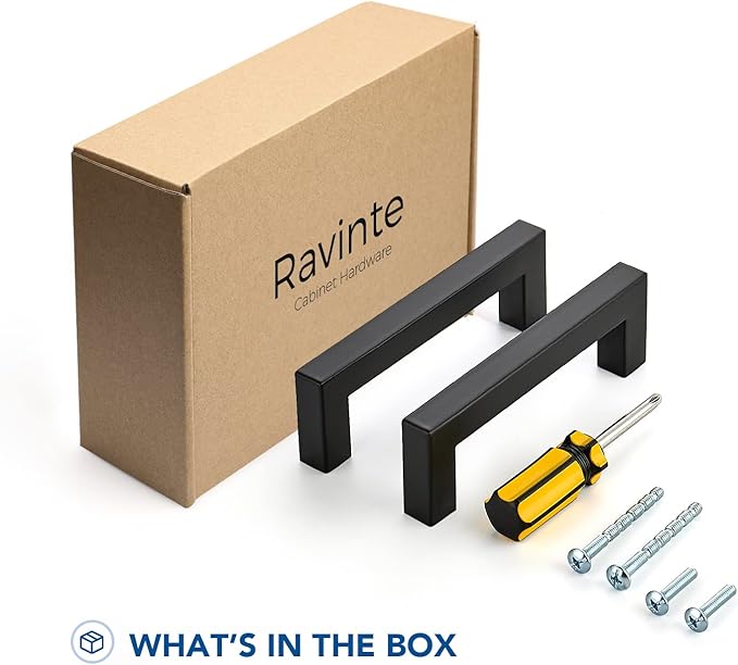 Ravinte 20 Pack Black Cabinet Pulls 3-3/4 Inch Square Kitchen Cabinet Handles Matte Black Kitchen Hardware for Drawer Pulls Drawer Handles Come with Screwdriver